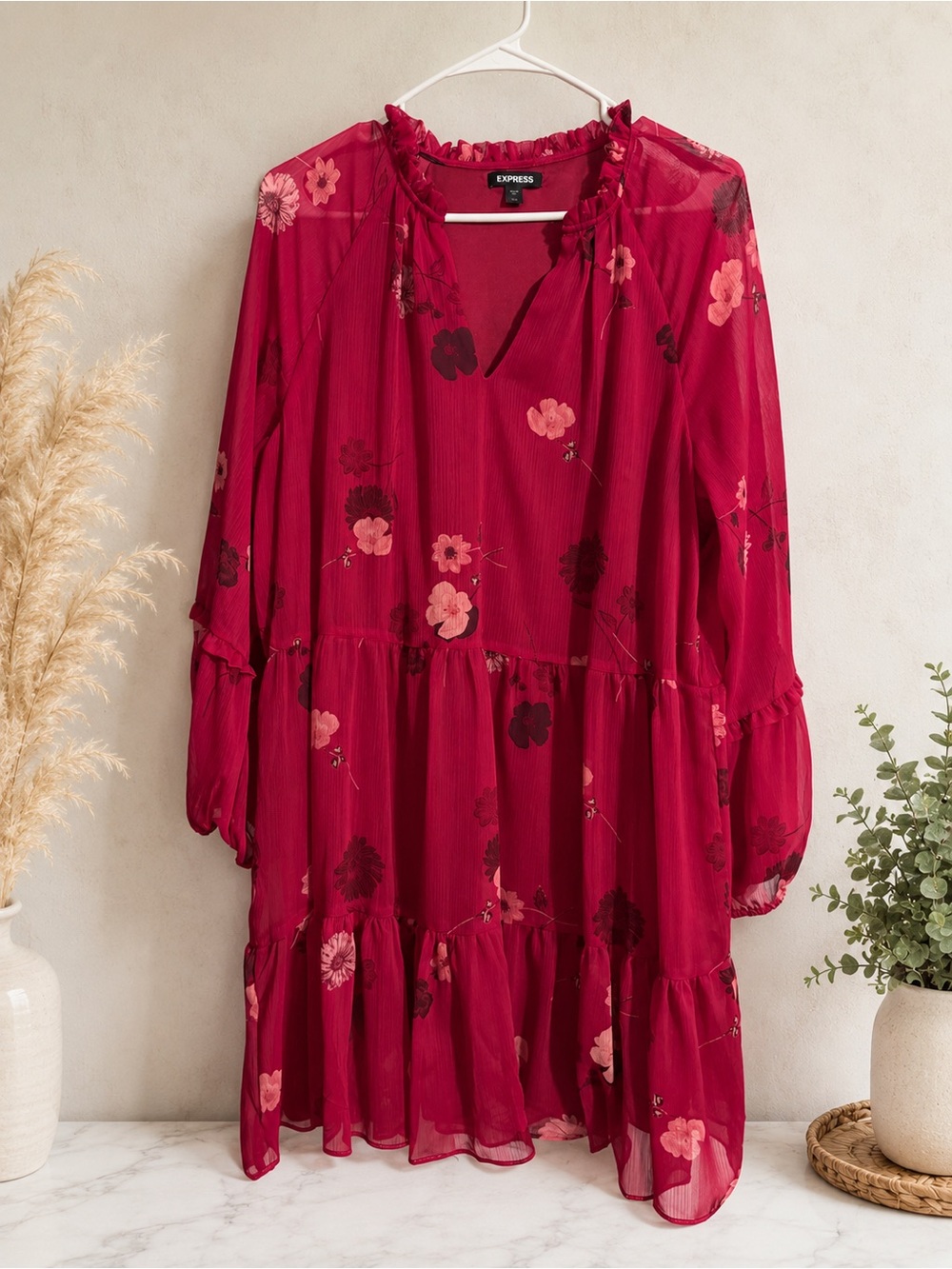 Express Women's Berry Red Floral Ruffle-Tiered Long Sleeve Dress